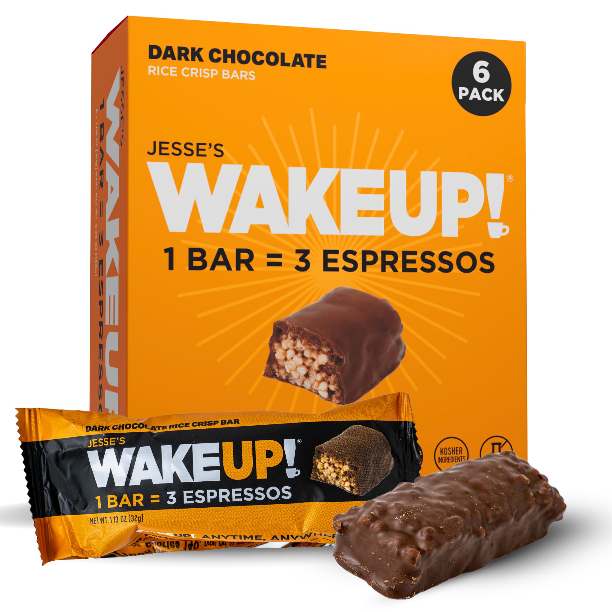 WAKE UP! Caffeinated Chocolate Protein Bars - 250mg Natural Caffeine, Gluten-Free, Vegan, Kosher – Energy Snack for Focu