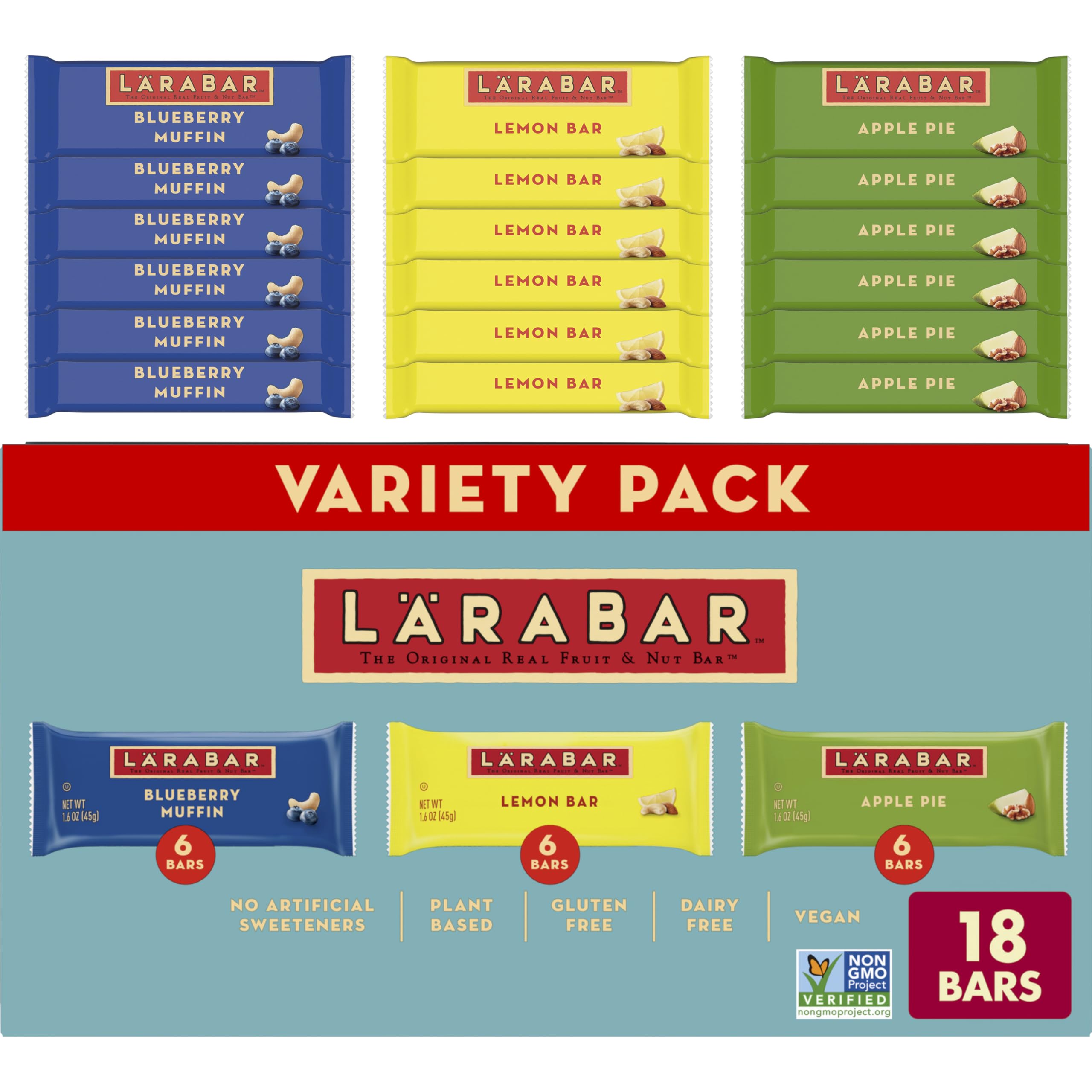 Larabar Blueberry Muffin Lemon Bar Apple Pie Fruit & Nut Bars Variety Pack 18 ct - Convenient Snack for Busy Moms and Da
